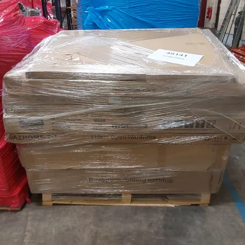 PALLET OF ASSORTED HOUSEHOLD ITEMS AND CONSUMER PRODUCTS TO INCLUDE; EUROPEAN FOLDING BATHTUB. WARDROBE, BOXED FURNITURE ETC