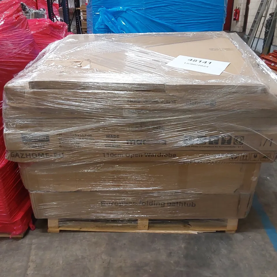 PALLET OF ASSORTED HOUSEHOLD ITEMS AND CONSUMER PRODUCTS TO INCLUDE; EUROPEAN FOLDING BATHTUB. WARDROBE, BOXED FURNITURE ETC 