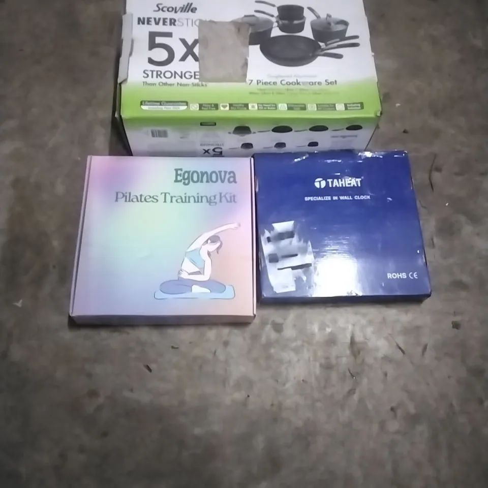 PALLET OF HOUSEHOLD ITEMS TO INCLUDE SCOVILLE SET,PILATES TRAINING KIT,WALL CLOCK,MIRROR AND OTHER ASSORTED ITEMS...