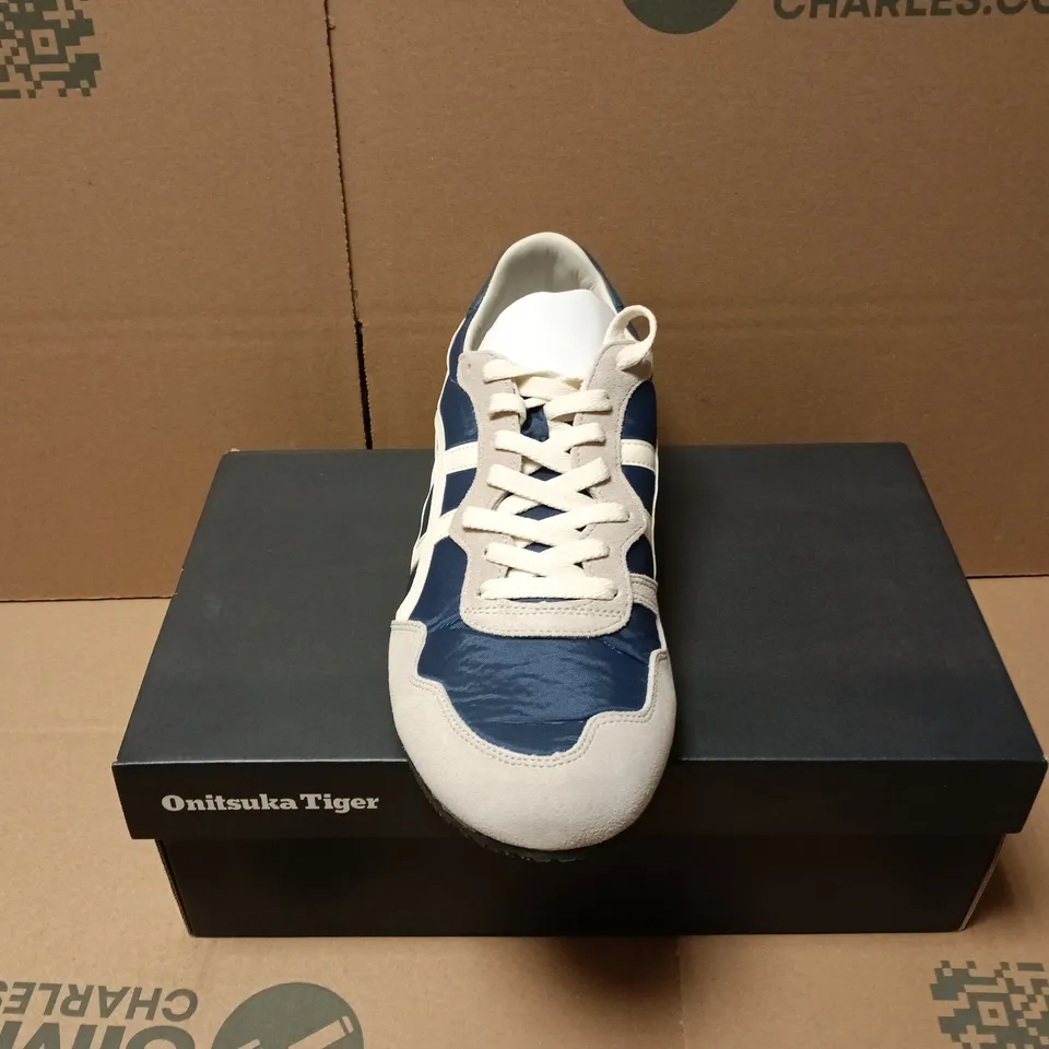 BOXED PAIR OF ONITSUKA SERRANO TRAINERS IN MAKO BLUE/CREAM - UK 10
