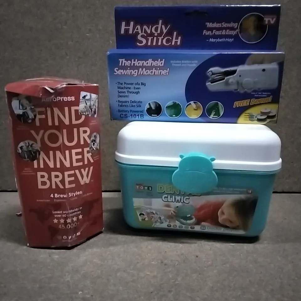 LOT OF VARIOUS ASSORTED HOUSEHOLD ITEMS TO INCLUDE: FIND YOUR INNER BREW KIT, DENTAL CLINIC KIDS PLAYSET, HANDY STITCH HANDHELD SEWING MACHINE