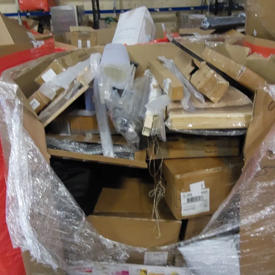 PALLET TO CONTAIN ASSORTED HOUSEHOLD ITEMS AND CONSUMER PRODUCTS. INCLUDING BABY PLAYPEN, BLINDS, CURTAIN LIGHT BAR, LAPTOP STAND, KIDS SCOOTER ETC