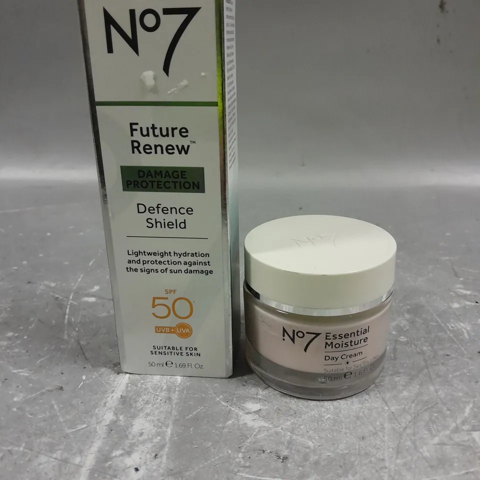 NO7 FUTURE RENEW DEFENCE SHIELD SUN CREAM 50ML AND ESSENTIAL MOISTURE DAY CREAM 50ML