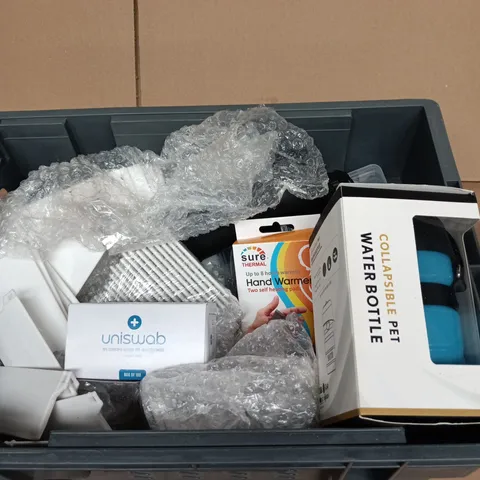 BOX OF APPROXIMATELY 10 ASSORTED GOODS INCLUDING UNISWAB PRE INJECTION SWABS, COLLAPSIBLE WATER BOTTLE AND SURE THERMAL HAND WARMERS