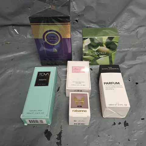 APPROXIMATELY 6 ASSORTED BOXED FRAGRANCES TO INCLUDE - THE SCENT RESERVE, DEOLD BRIGHT EMERALD, RABANNE OLYMPEA, ETC. 