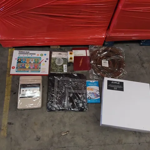 PALLET OF ASSORTED ITEMS INCLUDING: PILLOW CASES, BALLOONS. CHILDREN TOY, GLASS CANDLE HOLDERS, STICKERS, 2022 DIARY, PHONE PROTECTOR 