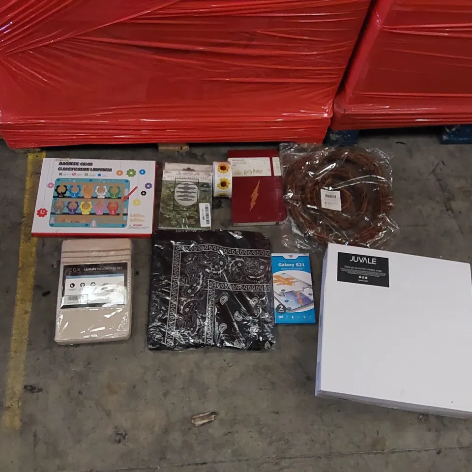 PALLET OF ASSORTED ITEMS INCLUDING: PILLOW CASES, BALLOONS. CHILDREN TOY, GLASS CANDLE HOLDERS, STICKERS, 2022 DIARY, PHONE PROTECTOR 