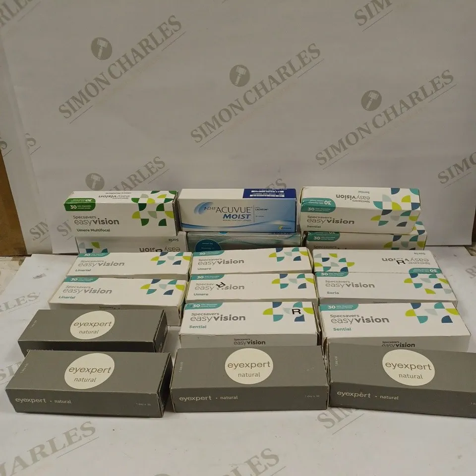 BOX TO CONTAIN APPROX. 30 X PACKS OF EYE CARE PRODUCTS. INCLUDING A LARGE QUANTITY OF CONTACT LENSES