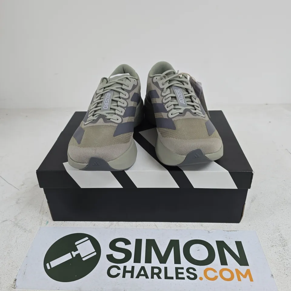 BOXED PAIR OF ADIDAS ADIZERO EVO SL M TRAINERS IN KHAKI - UK 11