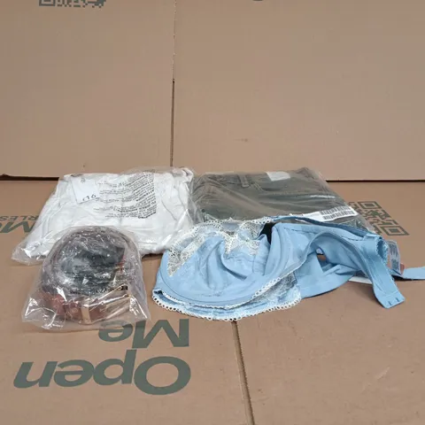 BOX OF APPROXIMATELY 25 ASSORTED CLOTHING ITEMS TO INCLUDE BRA, BELT, JEANS, GEORGE TROUSERS ETC