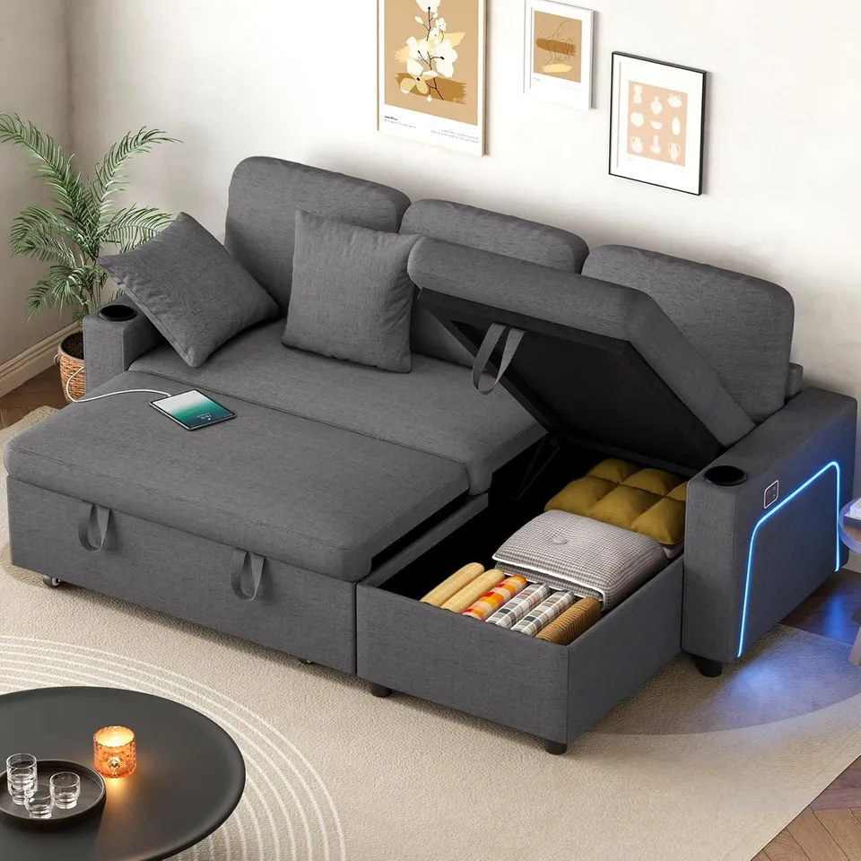 BOXED CORNER SOFA BED, L-SHAPED CONVERTIBLE SLEEPER SECTIONAL SOFA BED WITH LED LIGHTS - LINEN GREY (3 BOXES)