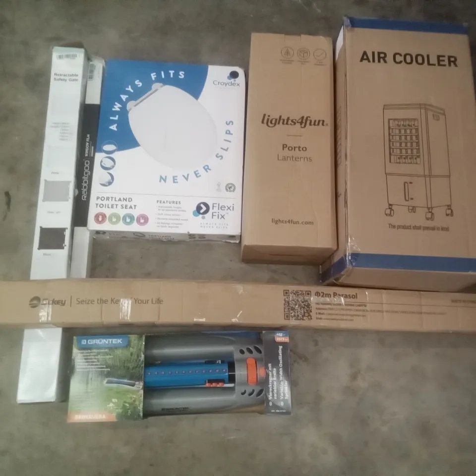 PALLET OF ASSORTED ITEMS INCLUDING AIR COOLER, LIGHTS4FUN LANTERNS, CROYDEX TOILET SEAT, RETRACTABLE SAFETY GATE, SEKEY PARASOL, GRUNTEK SPRINKLER, RABBITGOO WINDOW FILM 