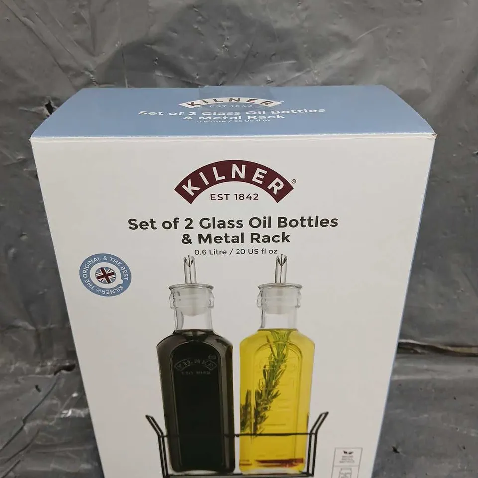 BOXED SET OF 2 GLASS OIL BOTTLES & METAL RACK