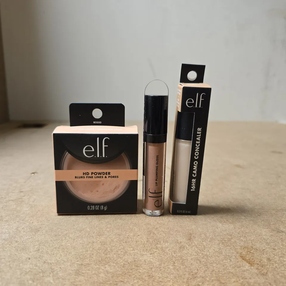 SET OF 3 E.L.F COSMETIC ITEMS: HD POWDER 8G + 16HR CAMO CONCEALER 6ML + LIP PLUMPING GLOSS 3ML