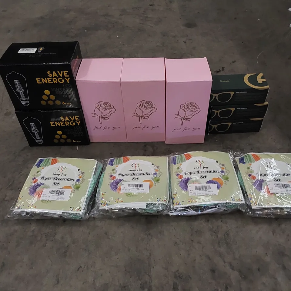 PALLET TO CONTAIN ASSORTED HOUSEHOLD ITEMS AND CONSUMER PRODUCTS. INCLUDING LIGHT BULBS, DECORATIVE ROSES, GLASSES, PAPER DECORATION SETS ETC