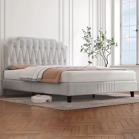 BOXED YAHEETECH UPHOLSTERED BED FRAME WITH BUTTON-TUFTED ADJUSTABLE HEADBOARD - BEIGE / KING (2 BOXES)