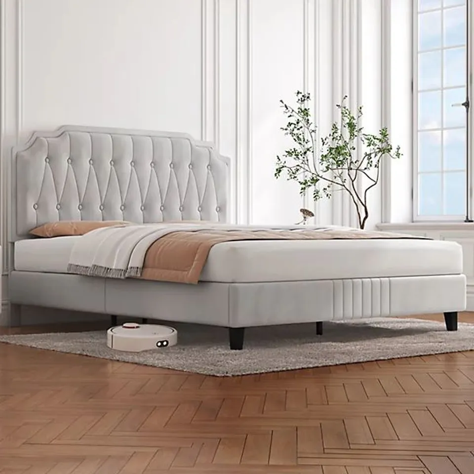 BOXED YAHEETECH UPHOLSTERED BED FRAME WITH BUTTON-TUFTED ADJUSTABLE HEADBOARD - BEIGE / KING (2 BOXES)