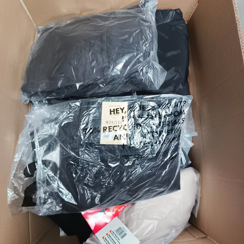 LARGE BOX OF APPROXIMATELY 25 ASSORTED CLOTHING ITEMS IN VARIOUS COLOURS, STYLES AND SIZES - COLLECTION ONLY