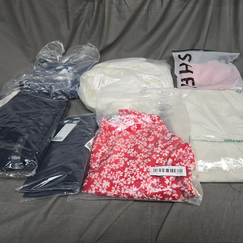 LARGE BOX OF ASSORTED CLOTHING ITEMS IN VARIOUS COLOURS, SIZES AND STYLES