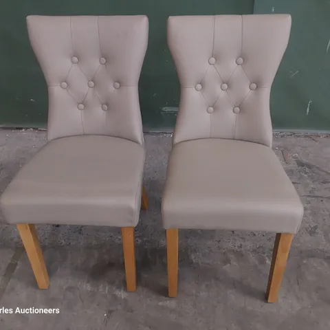 PAIR OF UPHOLSTERED BUTTONED BACK DINING CHAIRS BEIGE PU ON NATURAL WOOD LEGS 