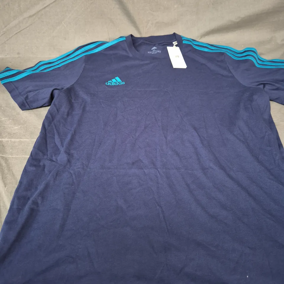 ADIDAS NAVY T-SHIRT WITH TEAL STRIPES, XL (MEN)
