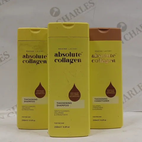 BOX OF 3 MAXINE LACEBY ABSOLUTE COLLAGEN PRODUCTS TO INCLUDE 2 X 250ML THICKENING SHAMPOO & 1 X 250ML THICKENING CONDITIONER