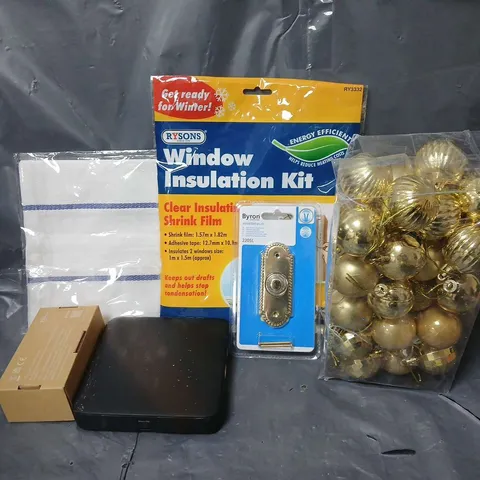 APPROXIMATELY 15 ASSORTED HOUSEHOLD ITEMS TO INCLUDE WINDOW INSULATION KIT, BAUBLES, BYRON WIRED BELL PUSH, ETC