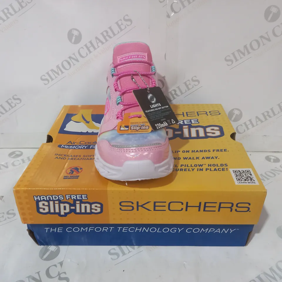 BOXED PAIR OF SKECHERS SLIP INS GALAXY LIGHT SHOES IN PINK/MULTICOLOUR UK SIZE 1