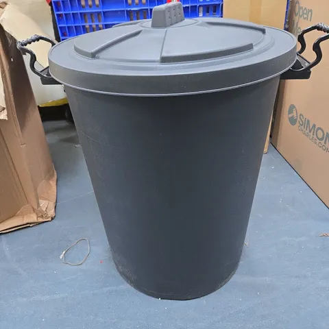 Large black plastic storage bin with lid