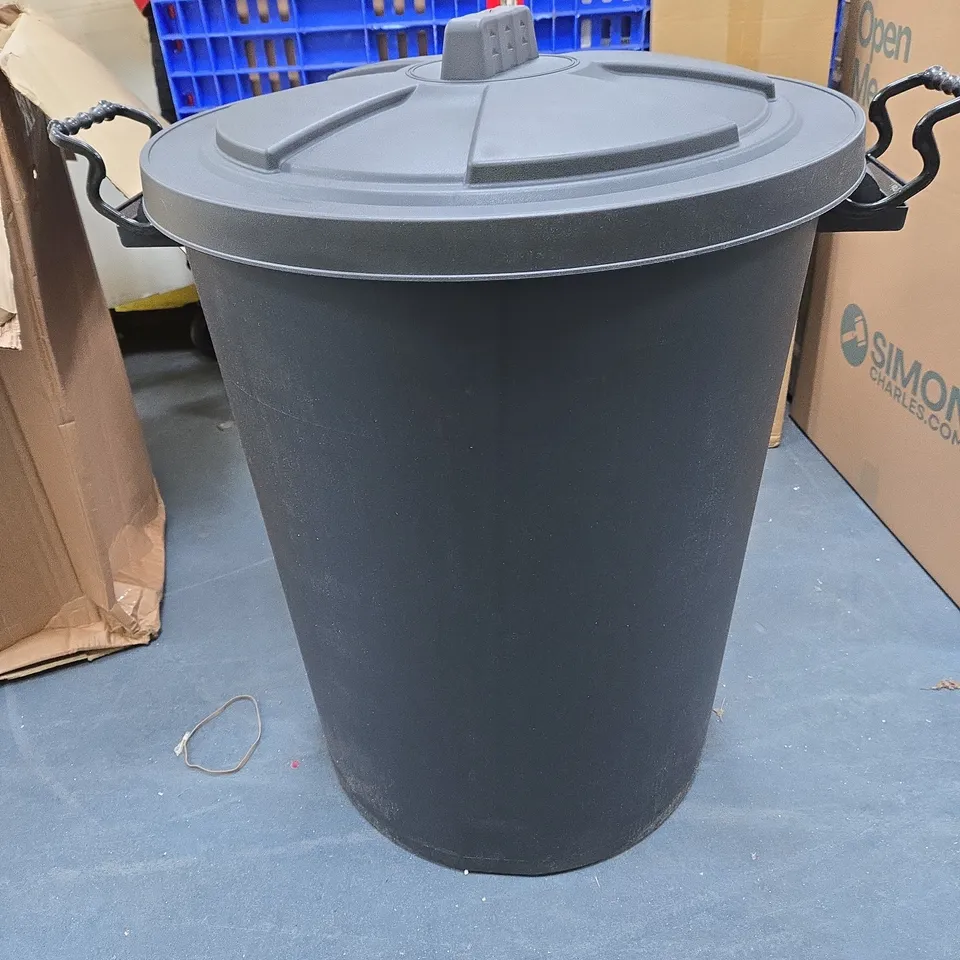 Large black plastic storage bin with lid