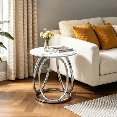 BOXED ROUND COFFEE TABLE - CALACATTA WHITE/SILVER
