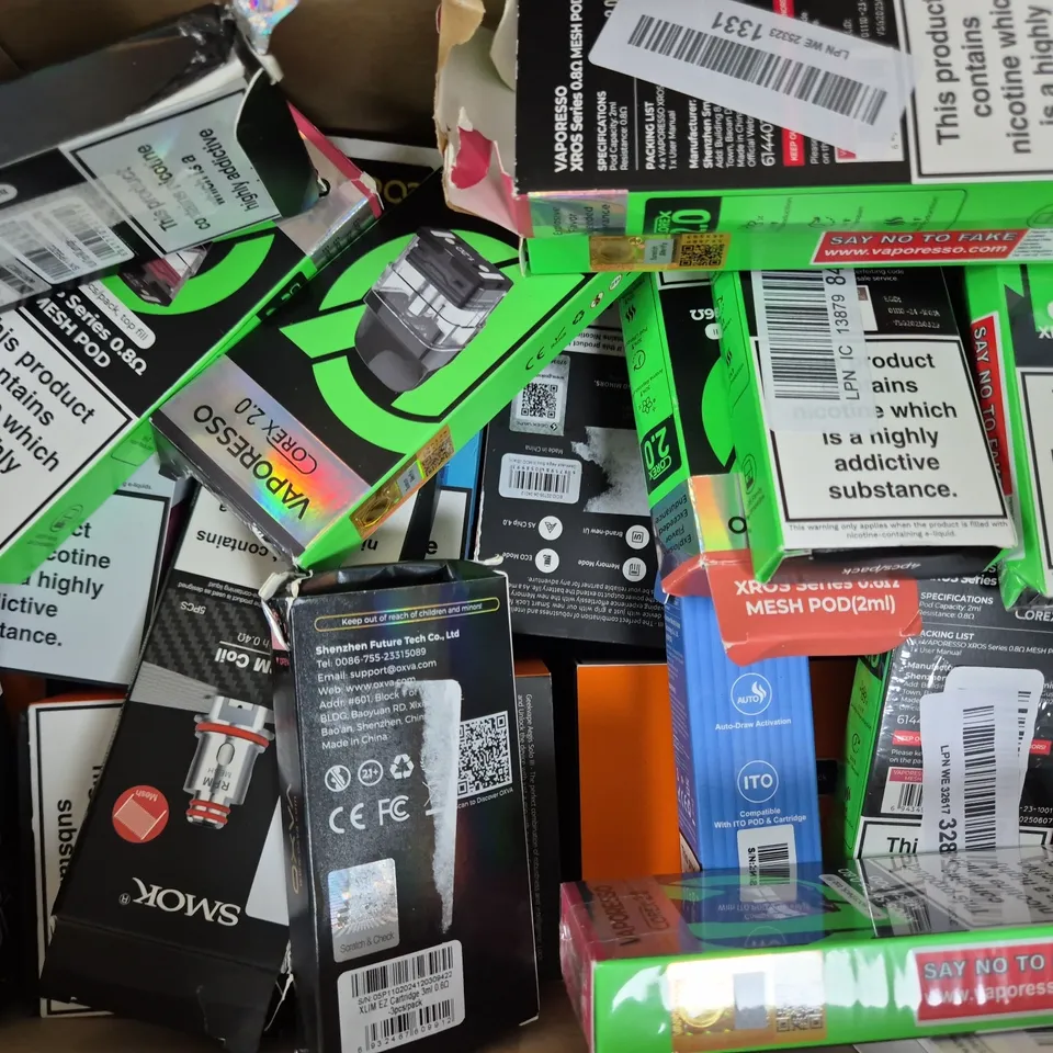 BOX OF APPROXIMATELY 20 ASSORTED VAPING ITEMS AND PRODUCTS TO INCLUDE SMOK, VOOPOO, ETC