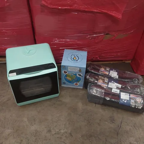 PALLET OF ASSORTED ITEMS INCLUDING: AIRMSEN COUNTERTOP DISHWASHER, WOLF WALKER EGG NEST MATS, AMAGENIUS EXPLORER GLOBE ECT
