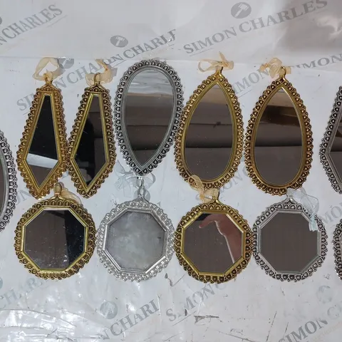 BOX OF ASSORTED HANGING MIRROR DECORATIONS IN VARIOUS SHAPES