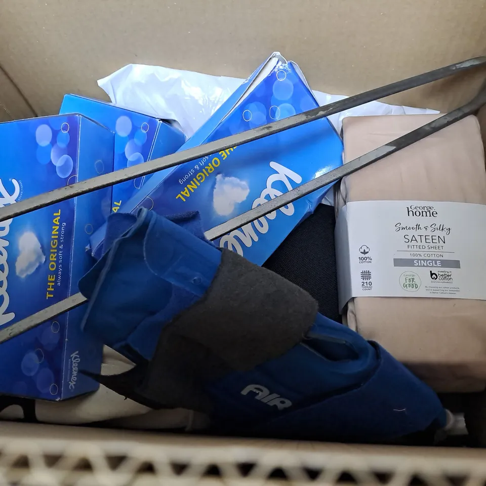 BOX OF APPROXIMATELY 10 ITEMS TO INCLUDE KLEENEX TISSUES, SINGLE FITTED SHEET, LARGE PRONGS ETC