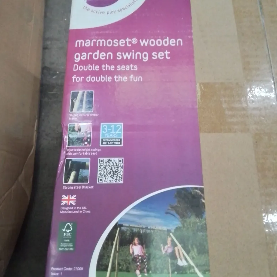 LOT OF 3 BOXES OF PLUM GARDEN ACTIVITIES INCLUDES MARMOSET WOODEN GARDEN SWING SET