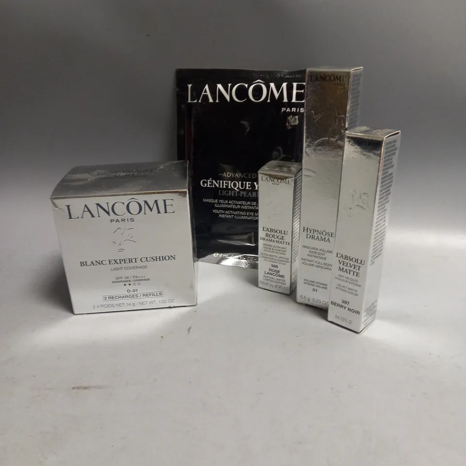 BOX OF 5 LANCOME COSMETIC ITEMS TO INCLUDE - BLANC EXPERT CUSHION REFILLS - VELVET MATTE IN BERRY NOIR - FULL BODY VOLUME MASCARA ETC