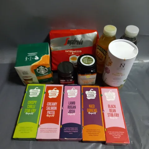 APPROXIMATELY 12 ASSORTED FOOD/DRINK PRODUCTS TO INCLUDE - HANNA SILLITOE SKIN PURITY TEA - MANUKA DOCTOR HONEY - SIMPLY COOK RECIPIE KITS - ETC
