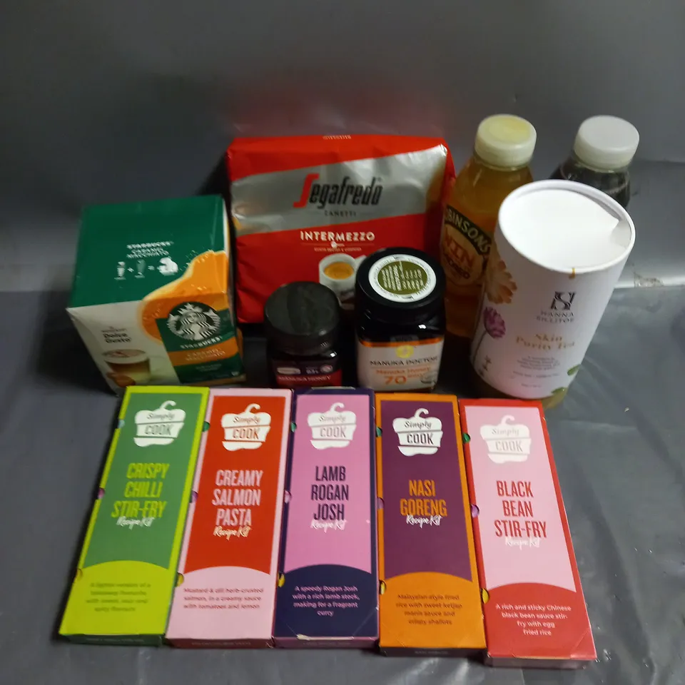 APPROXIMATELY 12 ASSORTED FOOD/DRINK PRODUCTS TO INCLUDE - HANNA SILLITOE SKIN PURITY TEA - MANUKA DOCTOR HONEY - SIMPLY COOK RECIPIE KITS - ETC