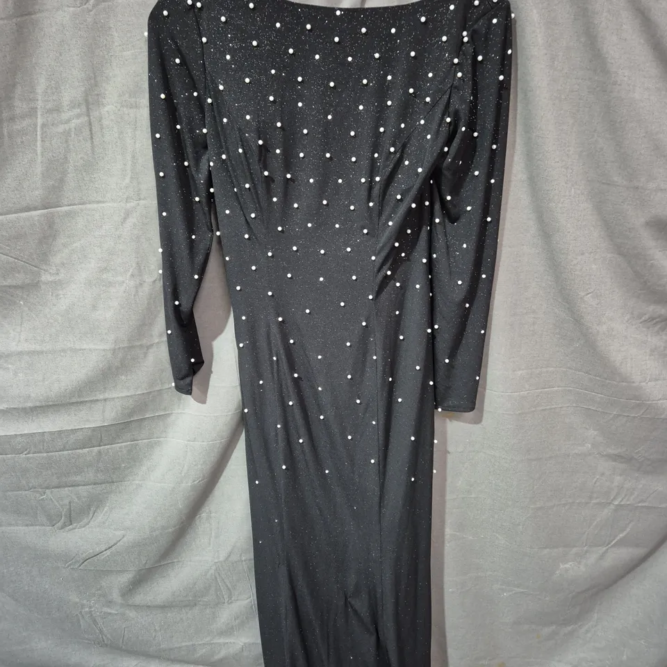 WOMEN'S BLACK FLOOR-LENGTH EVENING DRESS WITH PEARL EMBELLISHMENTS - SIZE 6