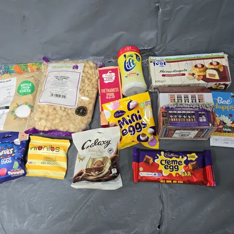 APPROXIMATELY 10 ASSORTED FOOD ITEMS TO INCLUDE SIMPLY COOK RECIPE KITS, CITRIC ACID, AND CREME EGG BAR ETC. 