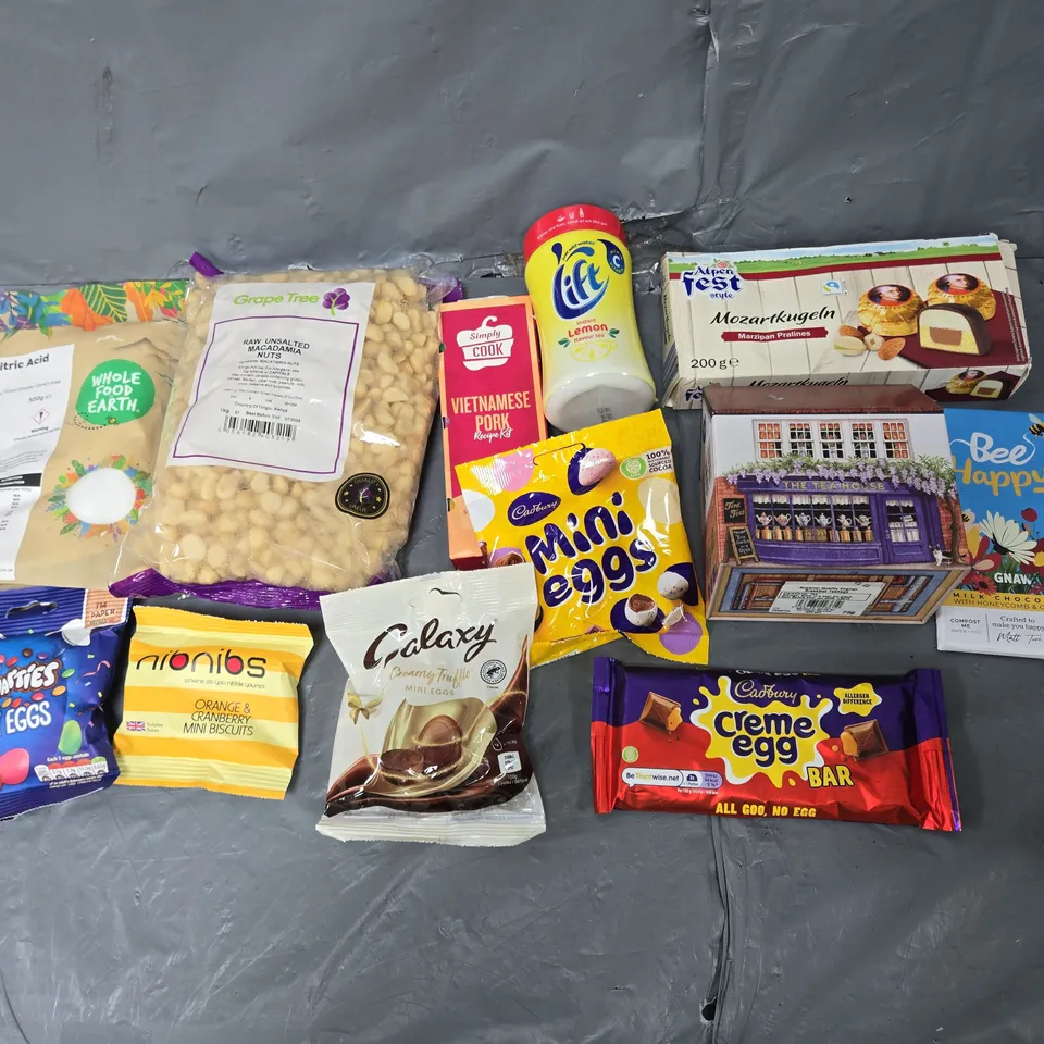 APPROXIMATELY 10 ASSORTED FOOD ITEMS TO INCLUDE SIMPLY COOK RECIPE KITS, CITRIC ACID, AND CREME EGG BAR ETC. 