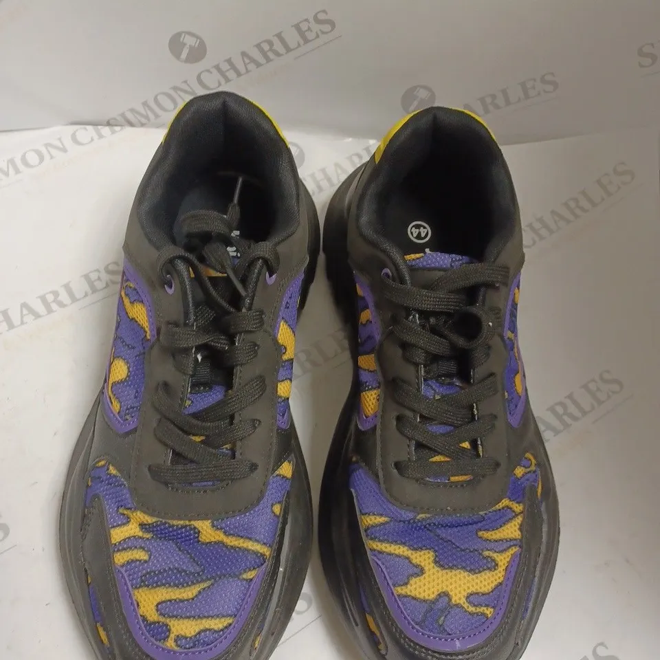 KOI FOOTWEAR BLACK PURPLE AND YELLOW LACE UP TRAINERS