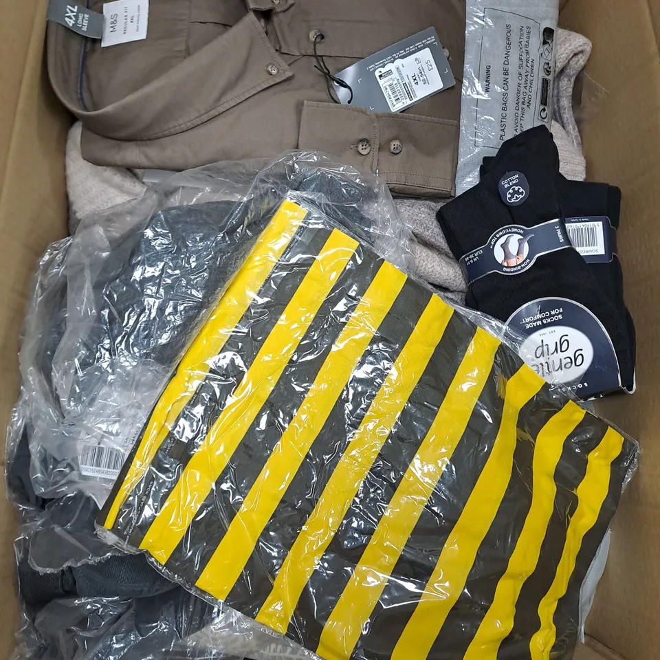 BOX OF ASSORTED CLOTHING ITEMS TOO INCLUDE JUMPERS, SHIRTS AND TROUSERS IN VARIOUS SIZES AND COLOURS   