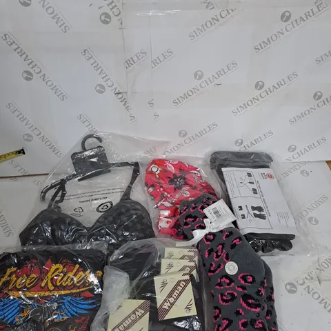 LARGE BOX OF ASSORTED CLOTHING ITEMS IN VARIOUS COLOURS AND SIZES INCLUDING TROUSERS , TOPS AND JUMPERS