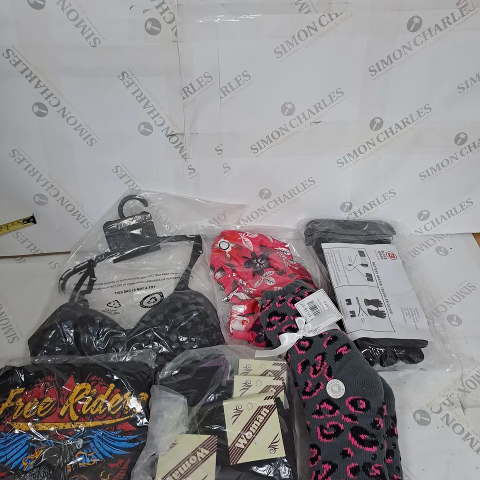 LARGE BOX OF ASSORTED CLOTHING ITEMS IN VARIOUS COLOURS AND SIZES INCLUDING TROUSERS , TOPS AND JUMPERS 