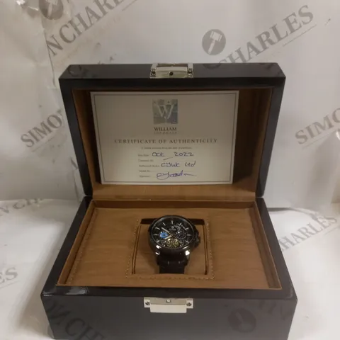MENS WILLIAM JOURDAIN AUTOMATIC 2580 WATCH β OPEN HEART MOVEMENT WITH SUB DIALS β GLASS EXHIBITION BACK CASE β BLACK GENUINE LEATHER STRAP