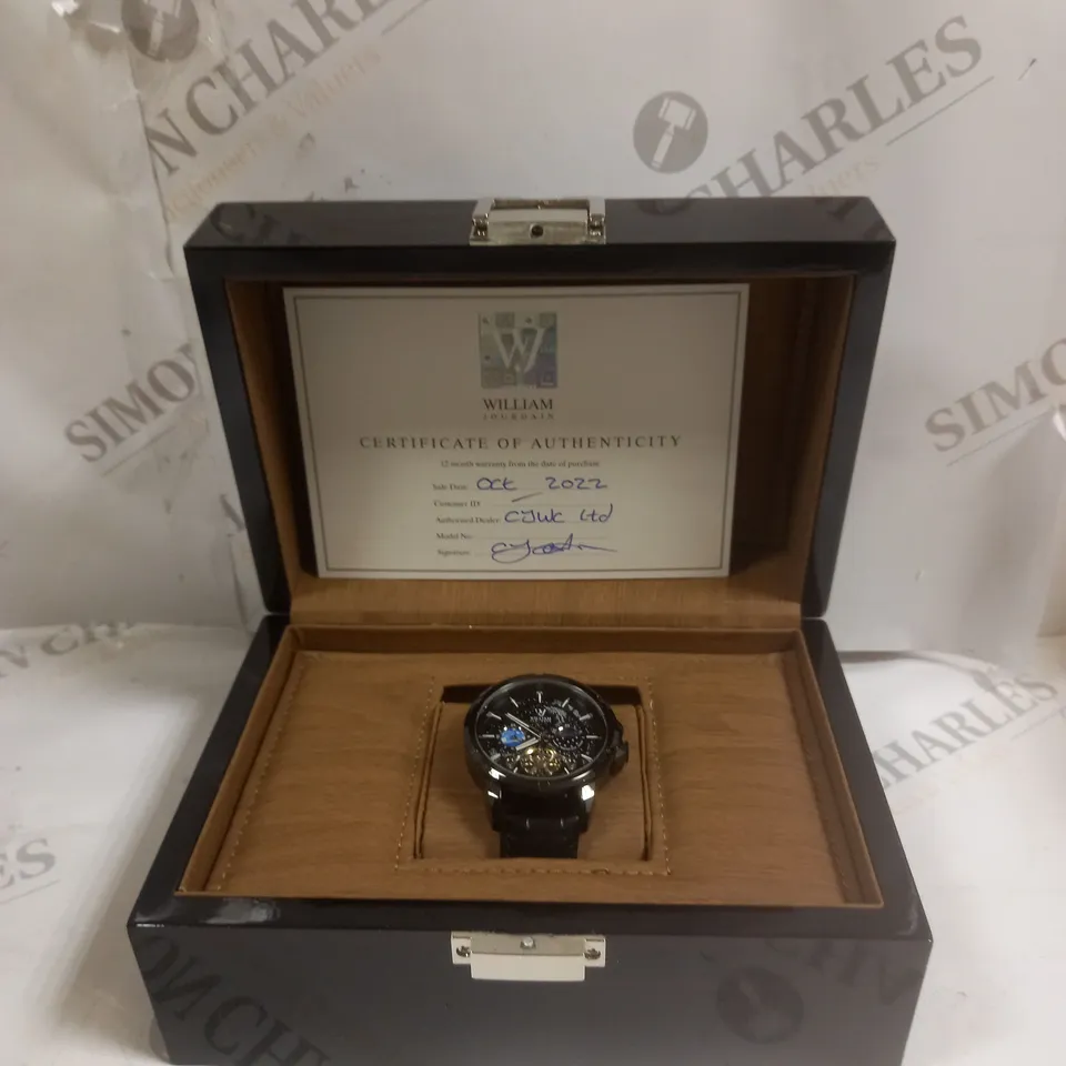 MENS WILLIAM JOURDAIN AUTOMATIC 2580 WATCH – OPEN HEART MOVEMENT WITH SUB DIALS – GLASS EXHIBITION BACK CASE – BLACK GENUINE LEATHER STRAP
