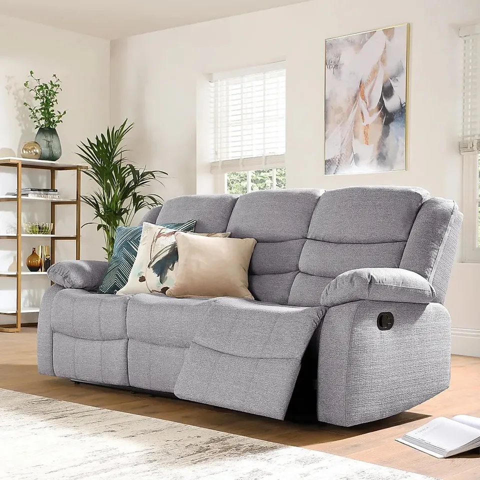 BOXED DESIGNER SORRENTO LIGHT GREY FABRIC MANUAL RECLINING THREE SEATER SOFA 