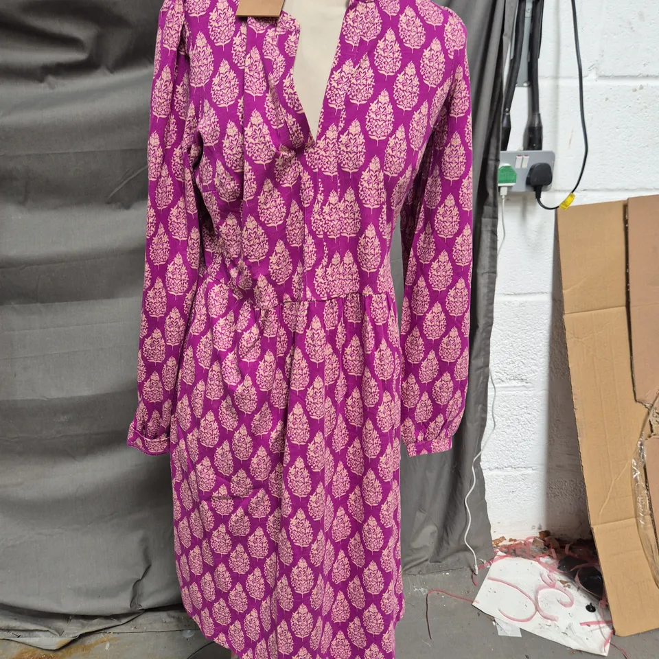 BODEN WOMEN'S DRESS – PURPLE & CREAM LEAF PRINT, UK 12 (US 8)